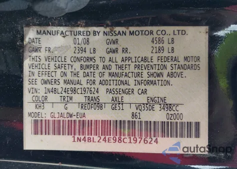 2008 Nissan Altima 3.5 Se из США, поврежденный, VIN 1N4BL24E98C197624